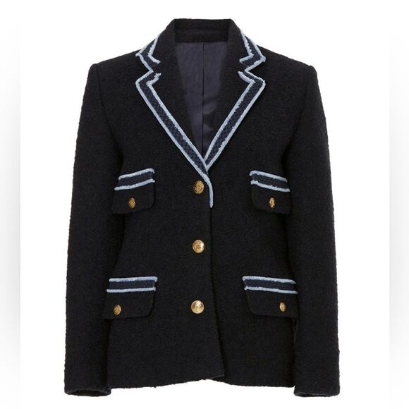 Sandro Noella Navy Tweed Blazer Sz 36 US Sz 4 Braid Trimmed Lined - Picture 2 of 13